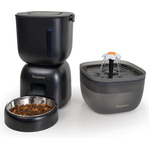 Automatic Cat Feeder and Water Dispenser FW1, Wire or Battery Cat Food Dispenser Timer Pet Feeder - Locking Lid, Desiccant Bag, Programmable Portion Control, 4 Daily Meals, 10s Voice Recorder (Black)