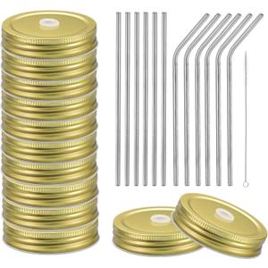 uxcell 25pcs Stainless Steel Mason Jar Lids with Straw Hole, 70mm Metal Canning Lid Mason Storage Covers Caps with Silicone Ring/Straws/Cleaning Brush Gold