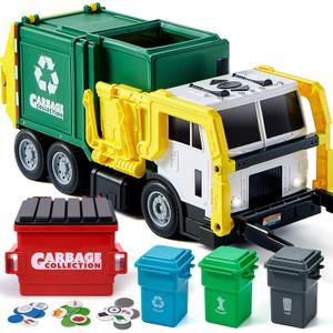 JOYIN Large Friction Powered Garbage Truck Toy Set, Includes 1 Dumpster, 3 Trash Bins, and 30 Learning Cards for Kids, Boy Toys Birthday Gift, Green