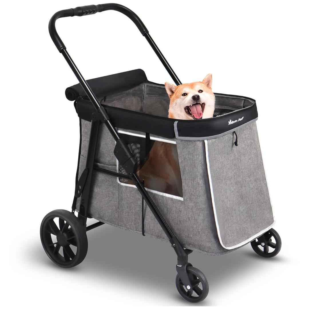 Medium Dog Stroller for Small to Large Dogs 4 Wheels Multi Pet Stroller for 4 Dogs Holds Up to 40lbs, One-Click Folding&Smooth Tires&Sunshade & Storage Basket (Gray, Medium)