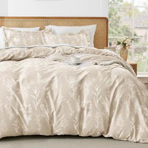 MUXHOMO Duvet Cover Queen Size, Reversible Floral Beige Duvet Cover Set with Zipper Closure, 3 Pieces Botanical Patterns Soft Microfiber Bedding Set with 4 Ties (90"x90", 2 Pillow Cases) (01 - Beige Leaves (No Comforter))
