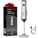 Bonsenkitchen Rechargeable Milk Frother with Stand, 3Speed Handheld Coffee Frother, Dual Spring Whisk Electric Hand Frother Wand Drink Mixer for Matcha Lattes Cappuccino, Kitchen Gifts