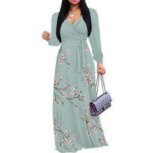 PinkPatty Women's Long Sleeve Maxi Dress Plus Size Trendy Wedding Guest Wrap Dress with Pockets&Belt (Blue, XL)