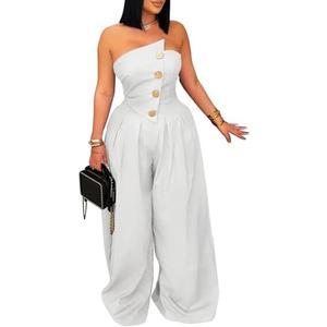 DINGANG Elegant Strapless Jumpsuit for Womens Dressy Off Shoulder Tube Top Button Wide Leg Romper Size L White