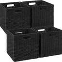 Woven Wicker Storage Baskets 4-Pack, 11x11 Handwoven Paper Rope Organizer Bins, Foldable Cube Storage Cubes with Built-in Handles for Shelves and Closet Organization(Classic Black)