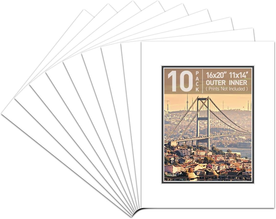 Golden State Art, White Over Black Double Mat - 16x20 for 11x14, 10-Pack