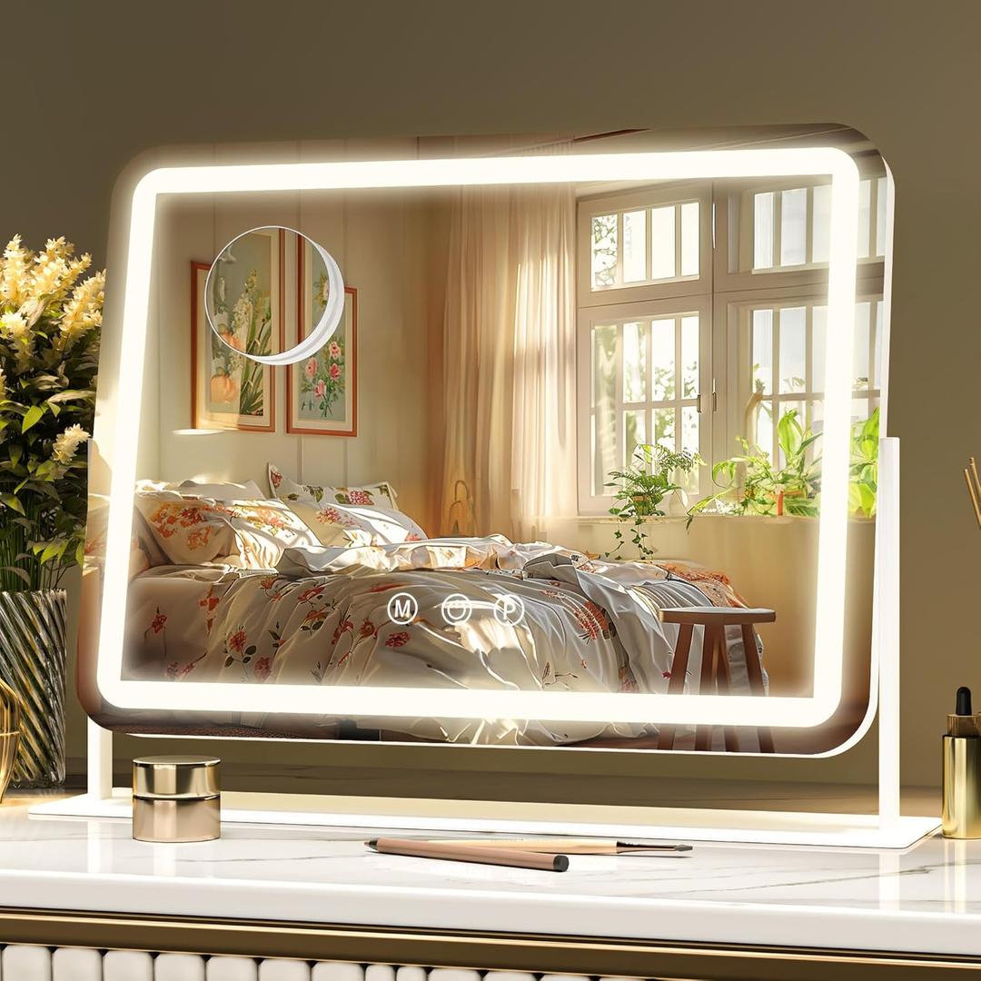 Hasipu Vanity Mirror with Lights, 14" x 11" LED Makeup Mirror, Light up Mirror with 10X Magnification, Smart Touch 3 Colors Dimmable (White) Hasipu Vanity Mirror with Lights, 14" x 11" LED Makeup Mirror, Light up Mirror with 10X Magnification, Smart Touch 3 Colors Dimmable (White)