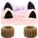Cat Ears Headband, Cute Spa Headband and Wristband Set Washing Face Skincare Makeup Headbands for Women Girls Trendy Stuff Present Soft Coral Fleece Hair Accessories(Pink Purple+Khaki)