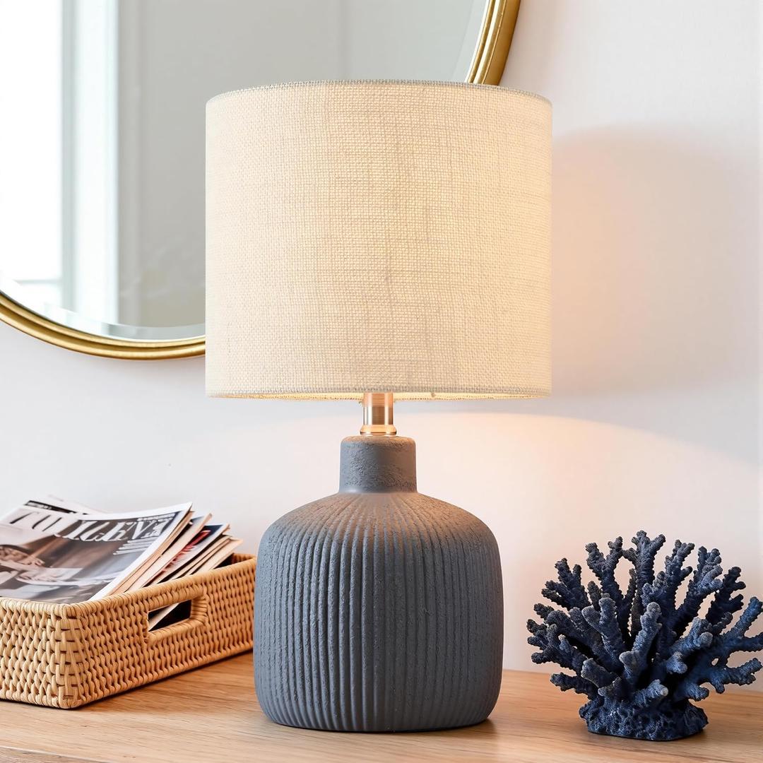 Ceramic Table Lamp, 17.75" Nautical Bedside Lamp with Beige Linen Shade, Warm Ambient Nightstand Lighting for Beach House, Navy Blue