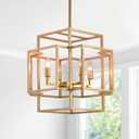 Modern Gold Foyer Lantern Chandelier: 4-Light Farmhouse Rectangle Dining Room Light Fixtures Over Table Industrial Large Pendant Lighting High Ceiling for Entryway Kitchen Island Staircase Hallway
