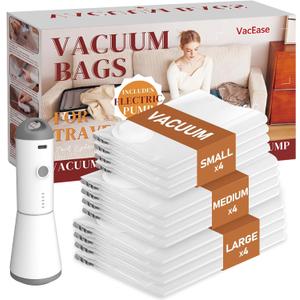 Vacbird Travel Vacuum Storage Bags with Rechargeable Cordless Pump, 12 Pack Vacuum Seal Bags for Clothing(4 Large+4 Medium+4 Small), Compression Packing for Clothes Suitcase Luggage Blanket Pillows