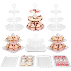 Pack of 10 NWK Cake Stand Set, with 3 x Two-Tier and 3 x Three-Tier Cupcake Stands, 4 x Appetizer Trays, 1 x Tablecloth for Birthday Bridal Baby Shower Party (White)