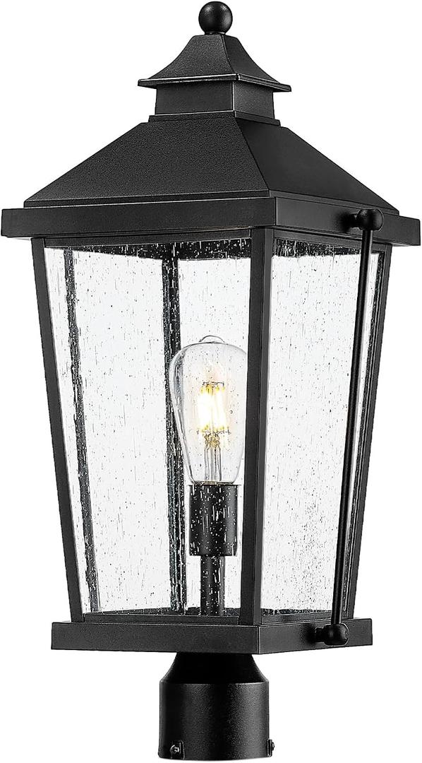zeyu Black Outdoor Post Lights, 22 Inch Pole Lights Outdoor, Lamp Posts Outdoor Lighting for Patio Pathway, Die-Cast Aluminum with Seeded Glass Shade, ZW105P-M BK (Black - No Function)