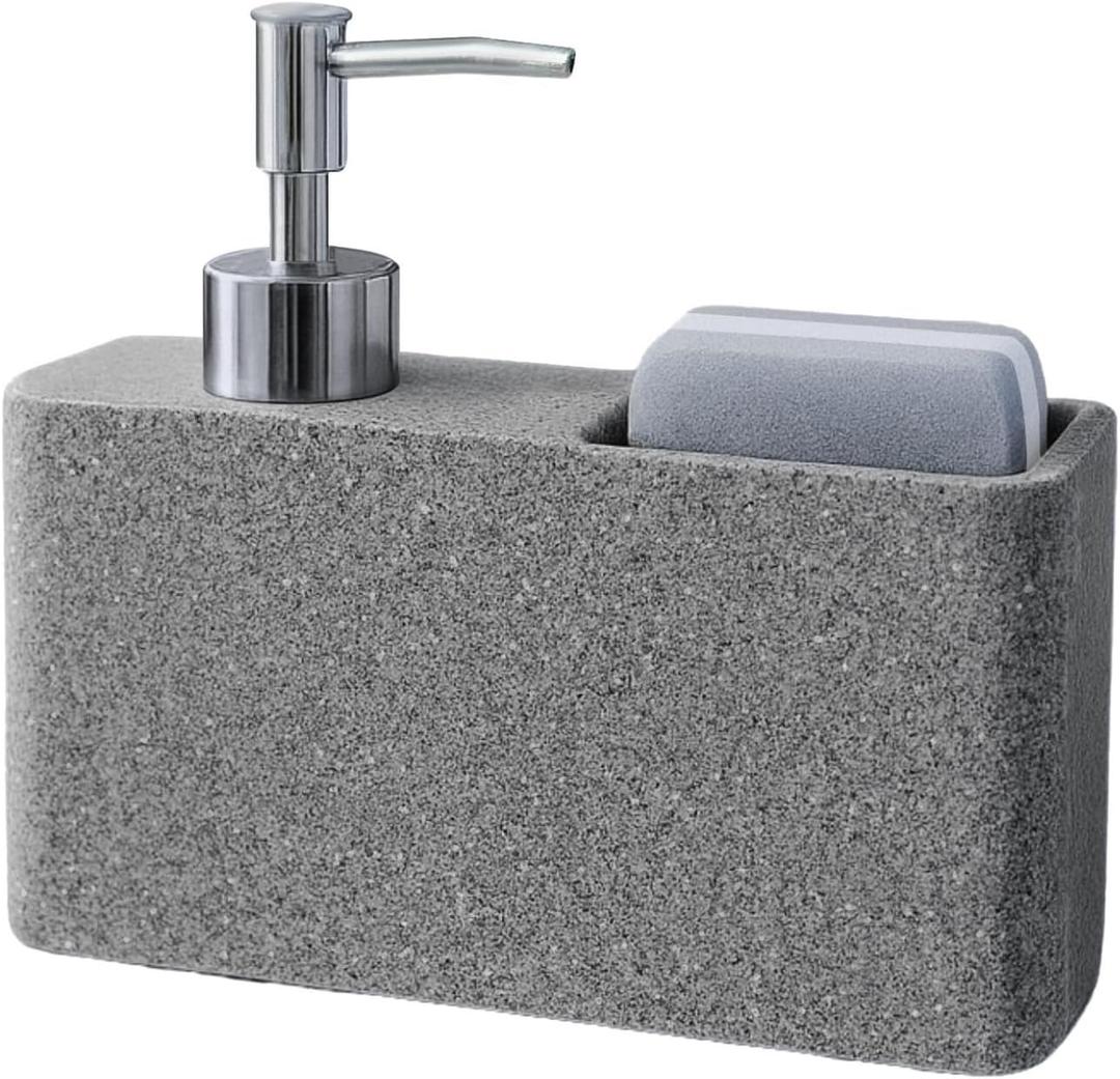 Havara Kitchen Soap Dispenser with Sponge Holder, Granite Resin Kitchen Sink Organizer, One-Handed Non-Slip Soap Pump, Stone Gray Countertop Caddy