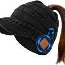 Bluetooth Beanie for Women with Ponytail Hole Wireless Knitted Beanie Hat with Headphones Womens Gifts Black