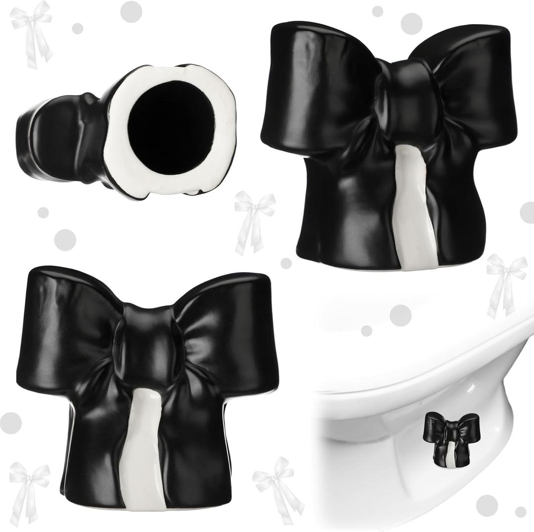 Wonderjune 2 Pack Toilet Bolt Caps Decorative Coquette Bow Bolt Screw Cover Caps Ceramic Cute Bathroom Decoration Fun Themed Gadgets Replacement Parts (Black)