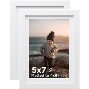 KINLINK 5x7 Picture Frame White Set of 2, Wooden Photo Frames Matted 4x6 with Plexiglass for 4x6 with Mat or 5x7 without Mat for Table and Wall Display