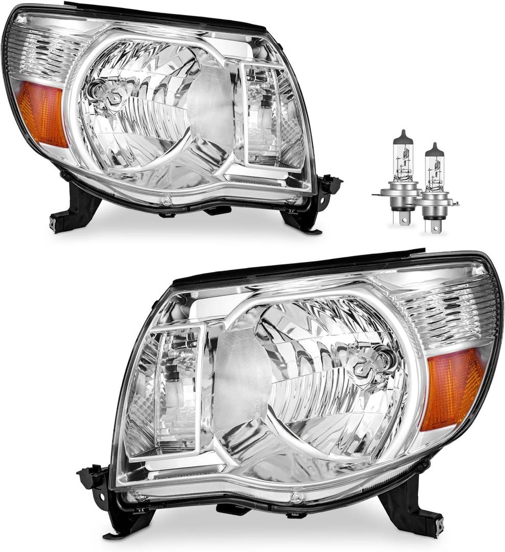 Headlights Assembly Compatible with 2005-2011 Toyota Tacoma Headlamp Replacement Chrome Housing Amber Reflector Driver & Passenger Side (Polished Chrome | With High & Low Beam Bulbs)