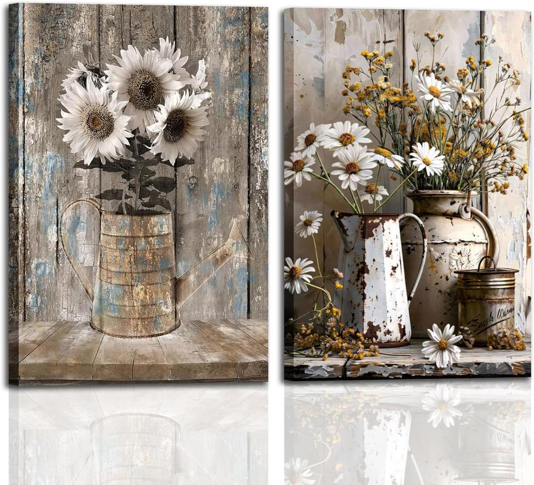 2Pcs Rustic Farmhouse Floral Wall Art, Vintage Sunflower Daisy Canvas Prints, Neutral Framed Wall Decor, Ready to Hang Artwork for Living Room, Bedroom, Dining Room & Bathroom, 16x24 In