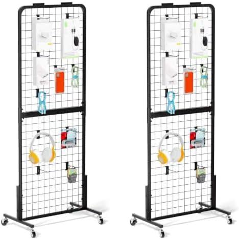 Grid Wall Panels Display Stand - Metal Shelving with 30 Hooks for Vendor Events Art Panels Heavy Duty Floor Standing Movable Detachable Retail Display Stand Wire Grid Tower for Easy Transport(2pcs)