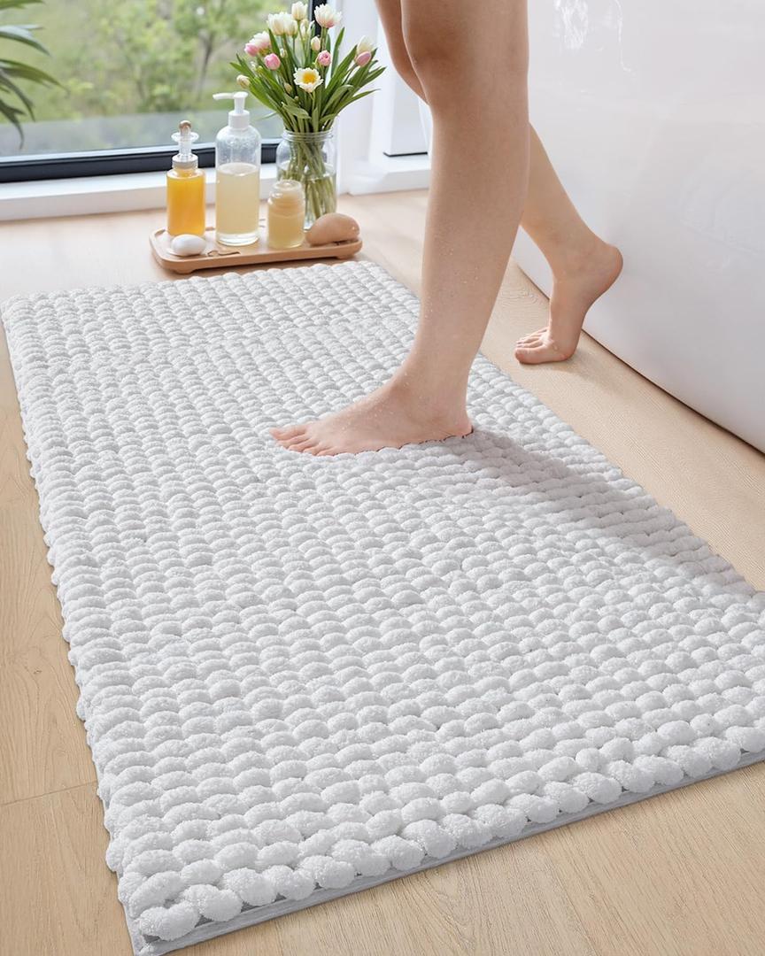 LUMI Luxury Bathroom Rug, Ultra Soft Quick Dry Bath Mat, Non-Slip Absorbent Thick Chenille Bath Rug, Cozy Braid Design Floor Mat for Bathtub, Sink, Laundry, Bedroom, White, 24"x43"
