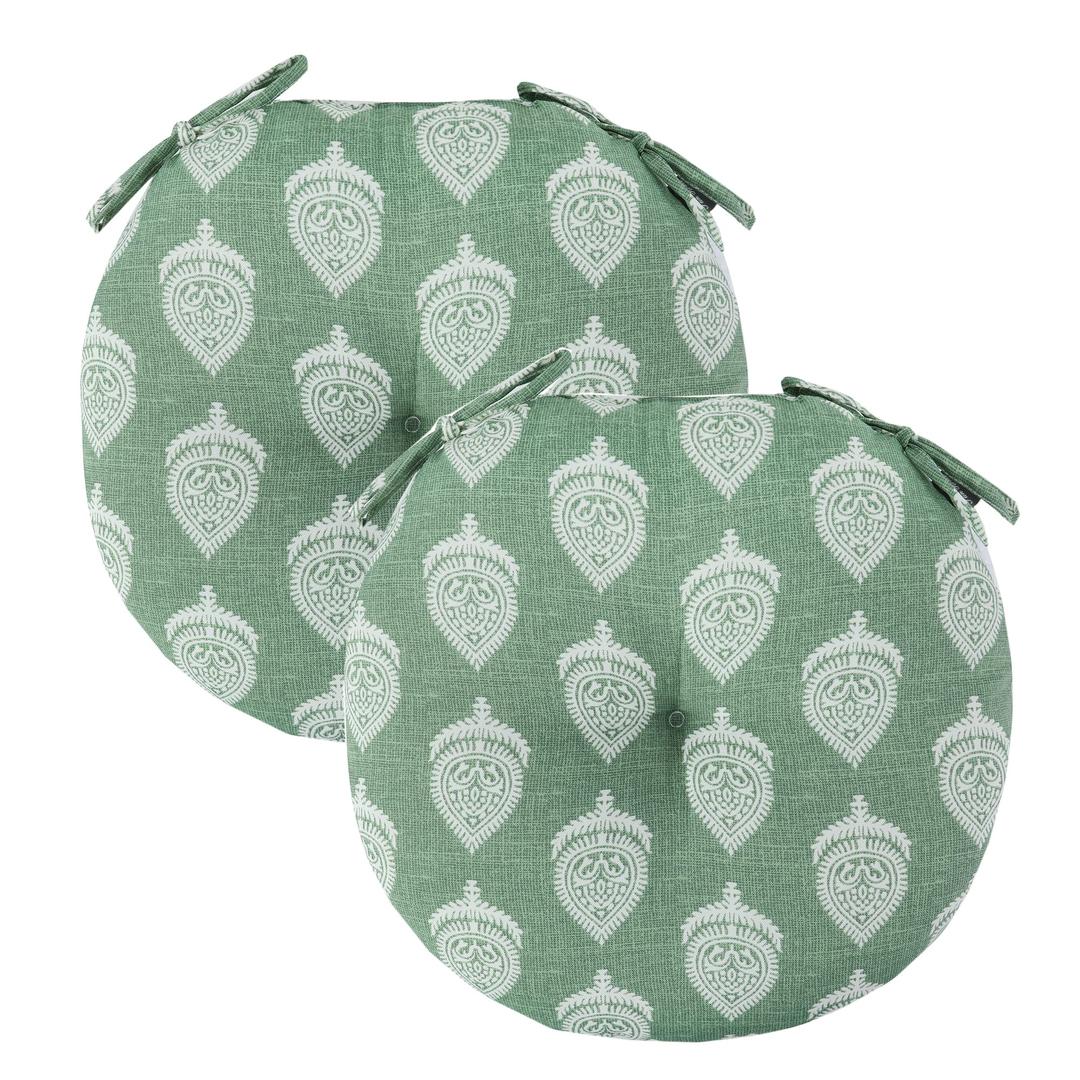 FUNHOME 15"x15"x4" Bistro Chair Cushion Set of 2, Water Repellent Round Outdoor Chair Cushions with Ties, Patio Tufted Chair Pads for Home Garden (Fair Green)