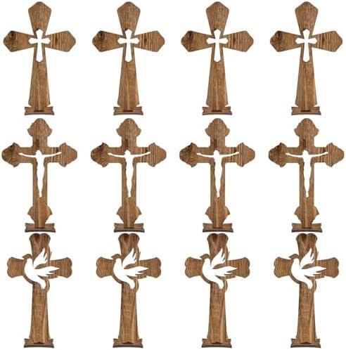 Kathfly 24 Pcs Easter Wooden Crosses for Craft Small Baptism Decor Catholic Rustic Unfinished Standing Cross for Centerpieces Easter Decor Table First Communion, 3 Styles, 6.7 x 4.3 Inches(Dark Brown)