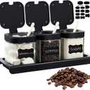 Suclain 3 Pcs Glass Coffee Containers Coffee Station Organizer Set, Airtight Bean Storage Jars with Shelf,labels,spoon, Base and Pen,for Sugar, Candy, Oats, Nuts(Black)