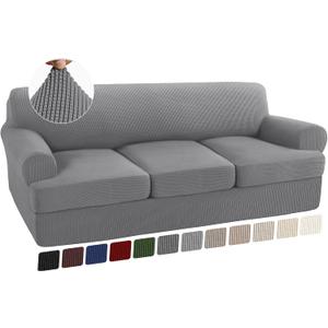 Turquoize 4 Piece T Cushion Sofa Slipcovers Stretch Couch Cover Furniture Covers with 3 Individual T Cushion Covers, Machine Washable (3 Cushion Sofa, Dove)