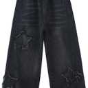 Kids Girls Jeans Washed Elastic Waist Baggy Wide Leg Jeans Size 4-14 Years (5-6 Years, Black Start)