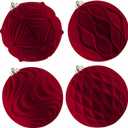 Lanpn 4 Pcs 6" Large Christmas Ornaments, Oversized Velvet Xmas Tree Ball, Big Flocked Christmas Tree Ornament, Shatterproof Plastic Balls for Lawn Yard Holiday Hanging Decor, Red (Burgundy)