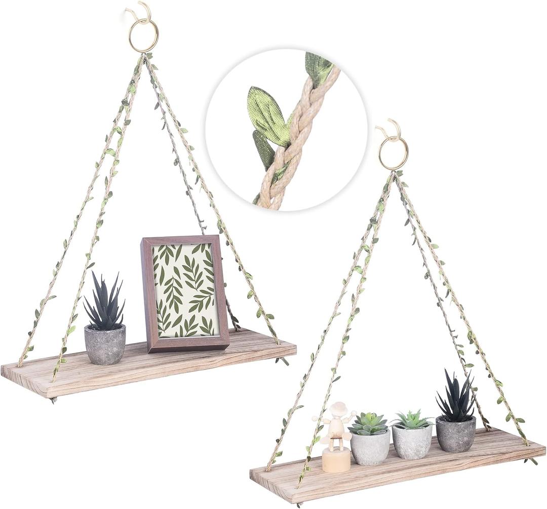MITIME Hanging Shelves for Indoor Wall and Window - Floating Wall Shelves for Plant Display, Boho Style Home Decor.(Leaf Rope, Light Color,Large*2)