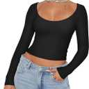 REORIA Women's Scoop Neck Long Sleeve Crop Tops Double Lined Going Out Y2K Trendy Fitted Navel Tees Black Medium