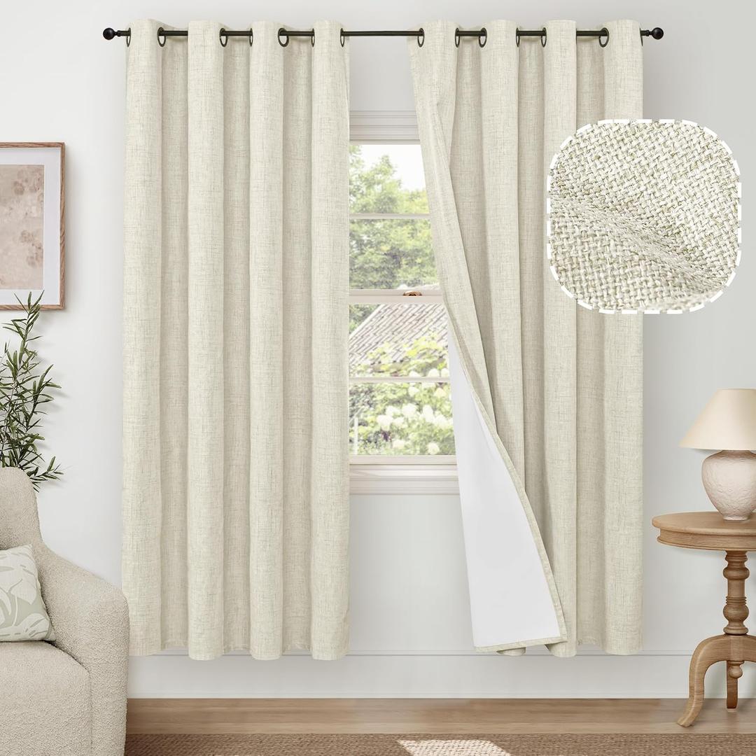 Lajode Blackout Living Room Curtains 72 Inch Long 2 Panels, Textured Linen Black-Out Curtains for Bedroom Light Blocking, Bronze Grommet Thermal Insulated Window Drapery, Each 52" Wide, Natural