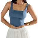 SHENHE Women's Denim Tank Top Sleeveless Square Neck Backless Slim Fit Y2k Crop Top Blue Small