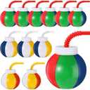 Amyhill Beach Theme Party Supplies Beach Ball Favor Cups with Straws and Lids, 10 oz Plastic Swimming Pool Cups Bulk for Kids Birthday Summer Party(12 Set)