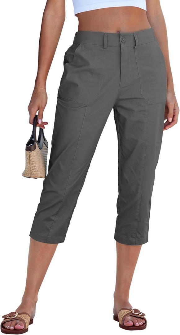 GRAPENT Capri Pants for Women High Waisted Relaxed Fit Elastic Waist Casual Capris Trousers Crop Chino Pants with Pocket, Medium 