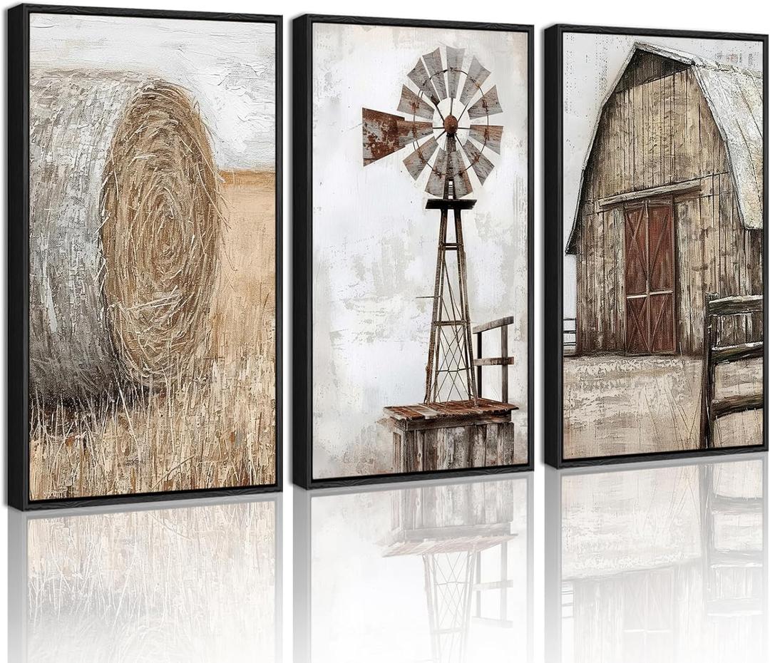 Drsoum Farmhouse Wall Art Vintage Rustic Windmill Barn Cornfield Pictures Framed Painting Landscape Countryside Rural Canvas Artwork Home Decor Ready to Hang 16x24in - Black Framed