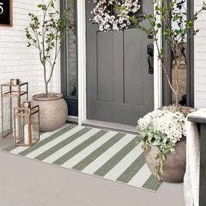 Boho Striped Front Door Mat Outside Entrance 2x4.3,Green and White Washable Porch Rug Runner,Cotton Hand Woven Indoor Outdoor Rugs,Foldable Farmhouse Layered Door Mats for Entryway