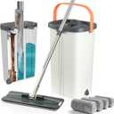 Jelymark Flat Mop and Bucket with Wringer Set, Separates Dirty and Clean Water, 3-Chamber Mop Wet and Dry Use, Not-Hands Squeeze Mops for Floor Cleaning, 4 Reusable Microfiber Mop Pads Included