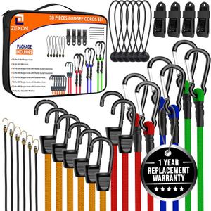 30 Pcs ZEXON Premium Bungee Cords with Hooks Heavy Duty Outdoor Assorted Sizes 10", 18", 24", 36", 48" Bungee Cords with Carabiner Hooks and Plastic Coated Hooks, Tarp Clips,Ball Bungees & Storage Bag