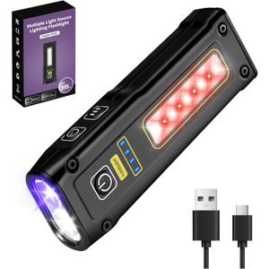 Flashlight UV Light 395nm, Blacklight EDC Flashlights Mini LED high Lumen USB C Rechargeable Portable with Magnetic Base, COB White & Red Light, Output Emergency Power, for Pet Urine, Resin Curing