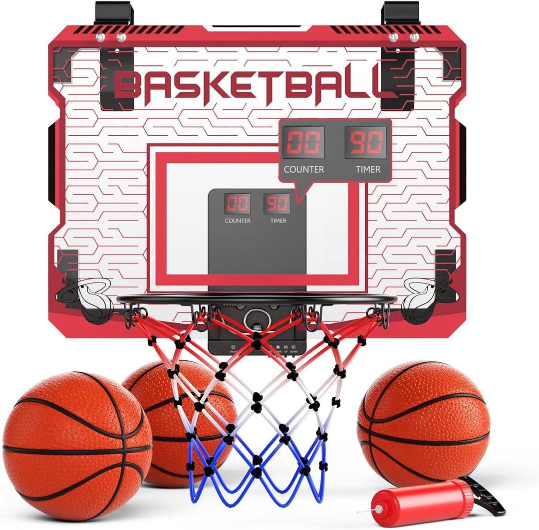Indoor Mini Basketball Hoop for Kids - Over The Door Basketball Hoop with Cool LED Light/Sound Effect/Scoreboard/3 Balls, Sports Toys Birthday Gifts for 6 7 8 9 10 11 12 Year Old Boys Teens