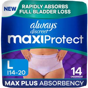 Always Discreet MaxiProtect Adult Diapers for Women, Incontinence Underwear, Scented, Postpartum Essentials, Bladder Leak Protection, Disposable Briefs, Maximum Plus Absorbency, Size L, 14 Count