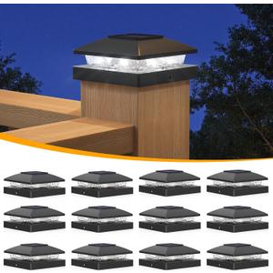 APONUO Solar Post Cap Lights for 4x4 Posts, Bright Cool White LED Post Cap Lights Solar Powered, IP64 Waterproof & All-Night Lighting, Black 12 Pack  Deck, Fence, Patio Light (Easy Install)