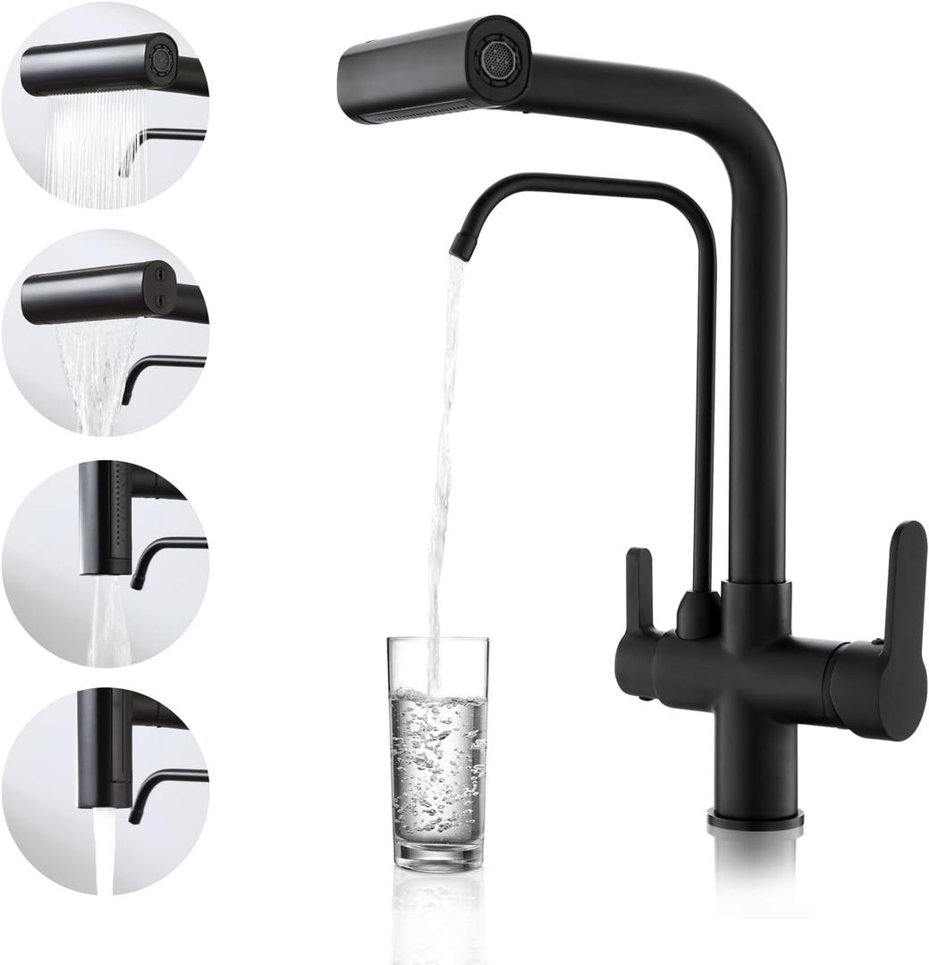QAOYEDE 3 in 1 Kitchen Faucet, Drinking Water Faucets with Waterfall Pull-Down Sprayer, 4 Functions Sprayer Water Filter Purifier Faucet, Black