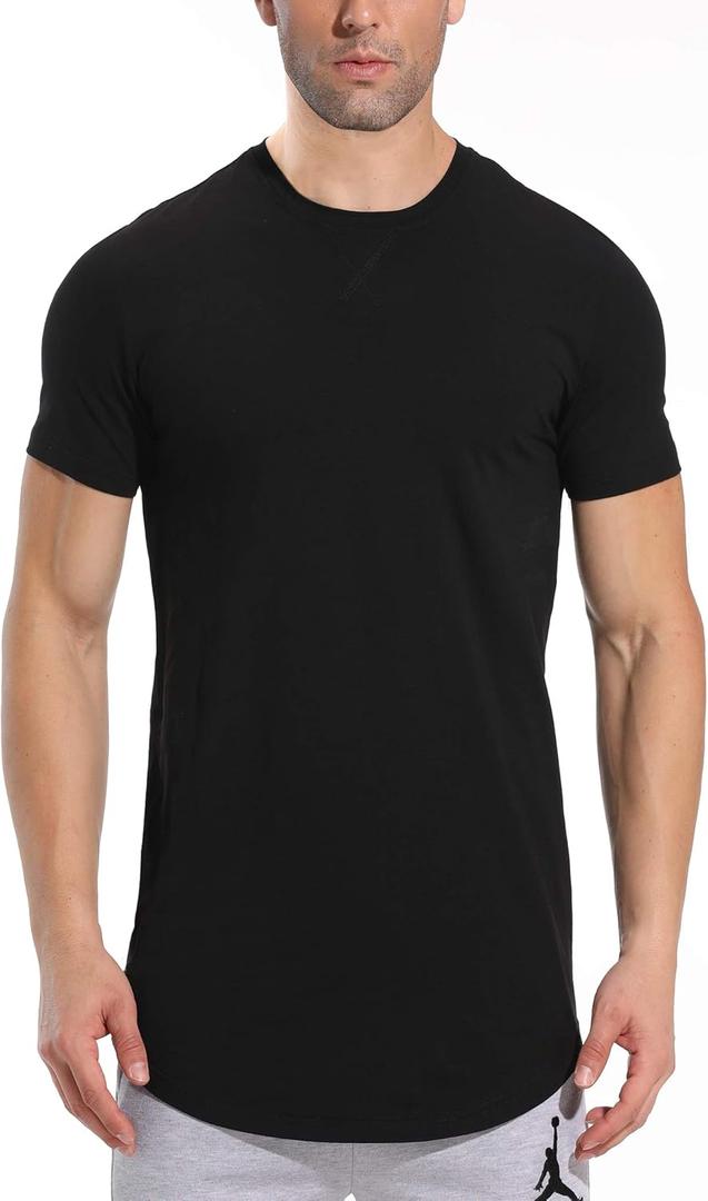 LETAOTAO Mens Hipster Longline T-Shirt Drop Cut Scallop Long Tail Slim Fit Bodybuilding Gym Muscle Workout Tee (Black 970)