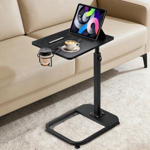 facka Multi-Functional C-Shaped End Table for Couch & Bed, Adjustable Height TV Tray, Stable Laptop Desk, Space-Saving Snack Side Table with Rounded Metal Corners, Black