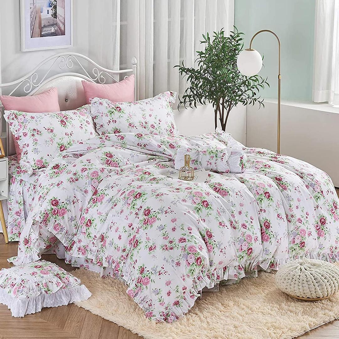 ABREEZE Pink Rose Duvet Cover Set Queen Size Girls Duvet Covers Ruffled Bedding Set Farmhouse Bedding Cotton Bedding Set 3 Pieces