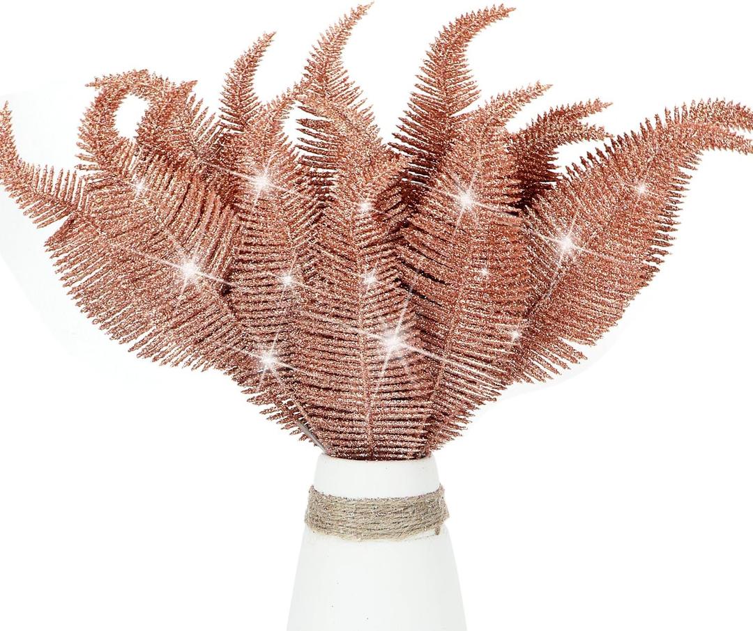 20 Pieces Artificial Christmas Glitter Leaves Branches Sparkly Fake Leaf Sprays for Christmas Tree Picks 10" Ornament Flower Arrangements DIY Crafts Wreaths Holiday Decoration Tree Fillers (Rose Gold)